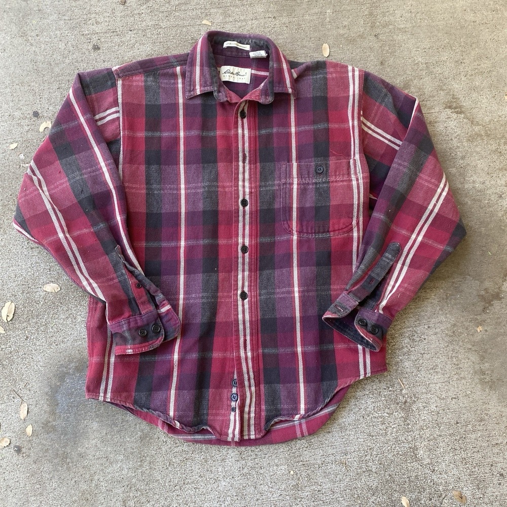 Vintage Eddie Bauer Cotton Flannel Small Red Maroon Plaid McKinley Broken In